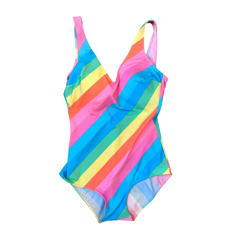 Suddenly Slim by Catalina Womens Rainbow Stripe One Piece Swimsuit V-Neck Small